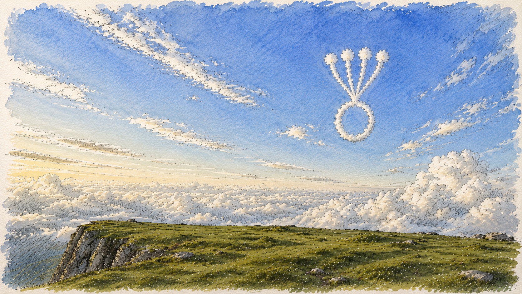 A clifftop painting, the Latent Variables mark drawn in cloud