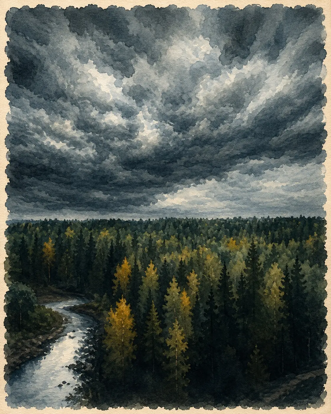 Painted storm moving over a forest and converging river